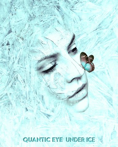 Visage féminin avec un papillon sur la joue, effet de glace et teintes bleues.