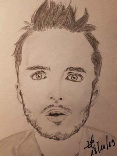 Portrait au crayon d'un homme avec de grands yeux et une expression surprise.