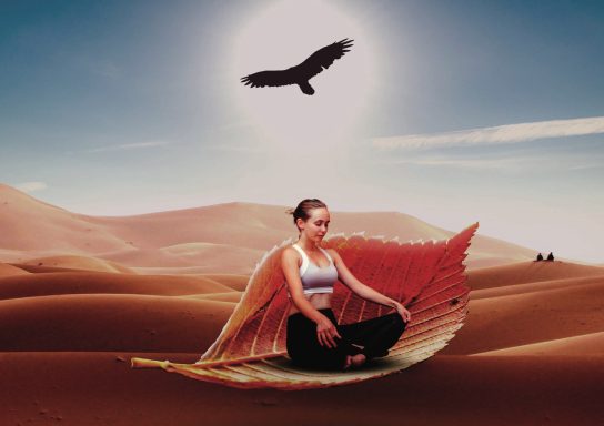 Femme méditant sur une grande feuille dans un désert, un aigle volant au-dessus.