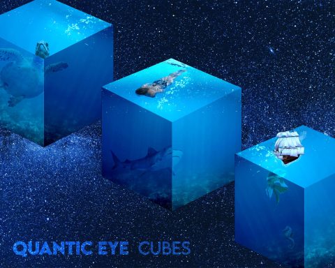Cubes flottants dans l'eau avec des éléments marins, sur fond étoilé.
