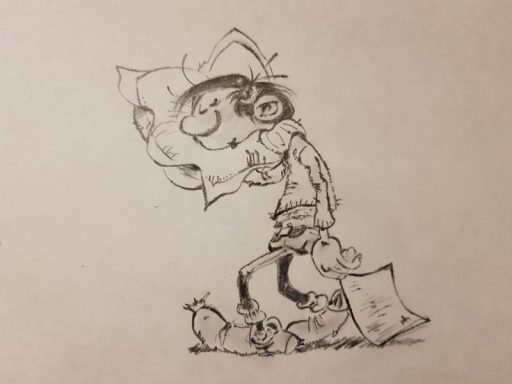 Un personnage de dessin animé marchant avec un oreiller sur l'épaule et un sac à la main.