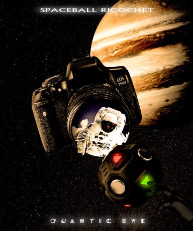 Appareil photo flottant avec un œil électronique, sur fond de Jupiter et d'espace.