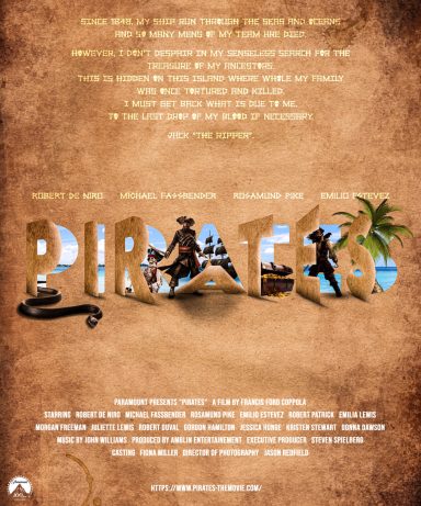 Affiche de film sur des pirates, avec des illustrations de navires et de palmiers.