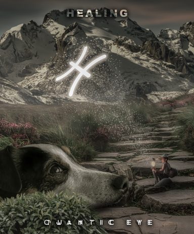 Un paysage de montagnes avec un chien et une personne méditant, décoré du symbole des Poissons.