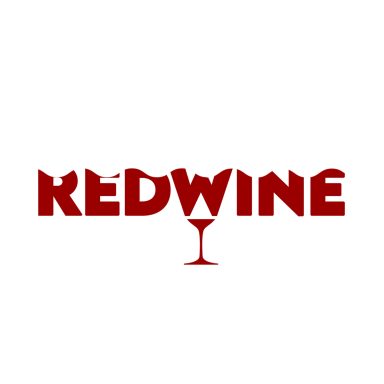 Texte stylisé "REDWINE" avec un verre de vin rouge au centre.