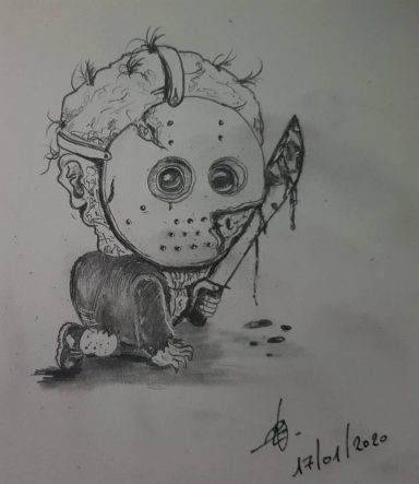 Un personnage de dessin animé portant un masque de hockey, avec une arme et des détails macabres.