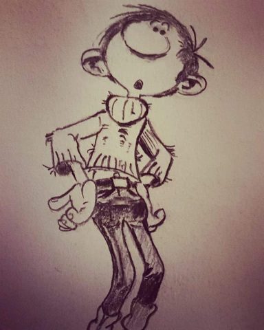 Personnage de dessin animé avec un gilet, des cheveux bruns et une posture confiante.
