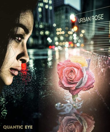 Femme pensant à une rose urbaine sur un fond de pluie et de lumières.