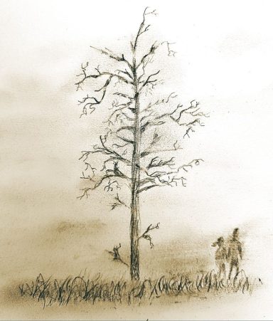 Un arbre dénudé se dresse au milieu d'un paysage flou avec deux silhouettes à proximité.