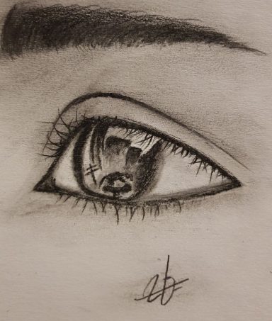 Dessin d'un œil avec des détails réalistes et une signature au coin inférieur.