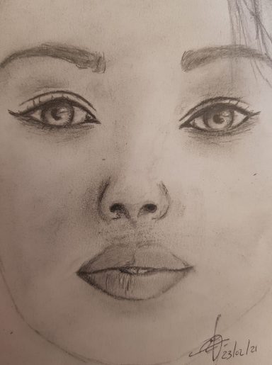 Portrait d'une femme avec de grands yeux et des lèvres pleines, détail au crayon.