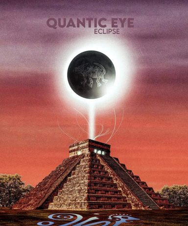 Pyramide avec un dôme lumineux et une planète au-dessus, dans un ciel coloré.