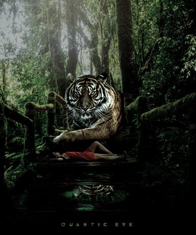 Une femme allongée dans la forêt, avec un tigre géant à ses côtés.